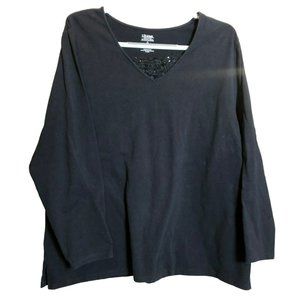 Liz & Me Top Womens Sz 1X Shirt Black LS Cornelli Beaded V-Neck